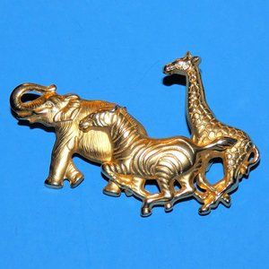 Vintage PREMIERE DESIGN Safari Brooch Pin PD Crown Animal Elephant Giraffe Zebra
